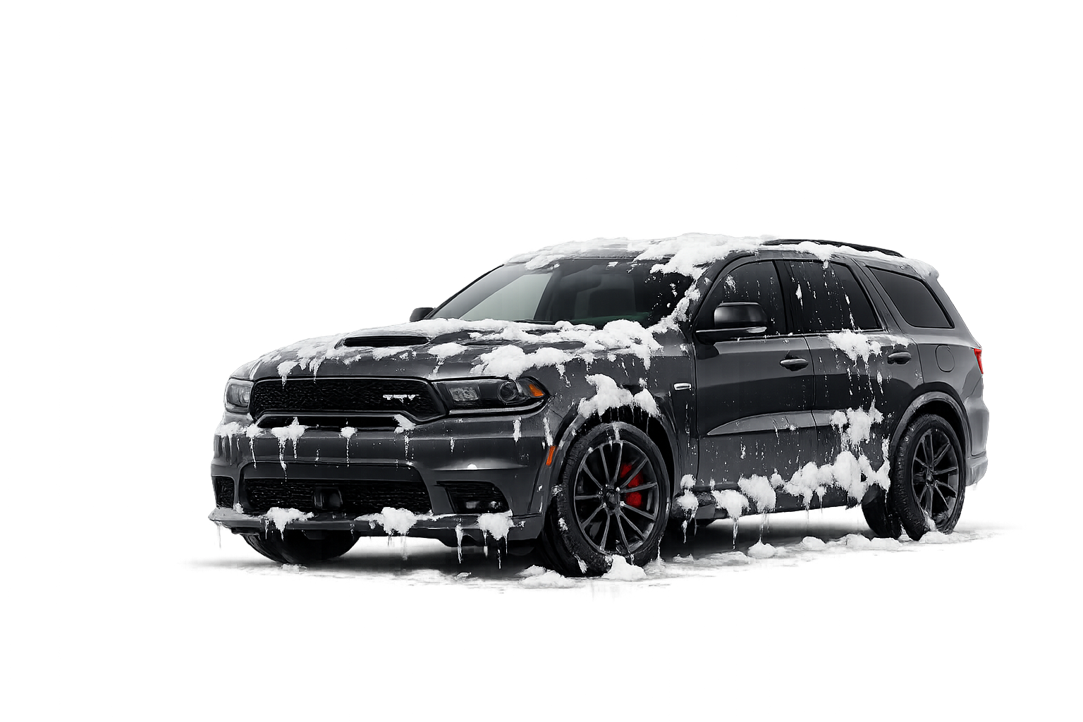 Dodge Durango SRT covered in foam mid-wash, on a bright studio background